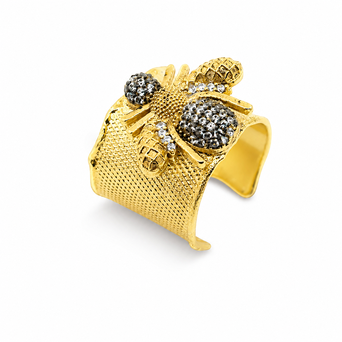 Gold-plated wide cuff ring with a bumble bee design and sparkling CZ accents.