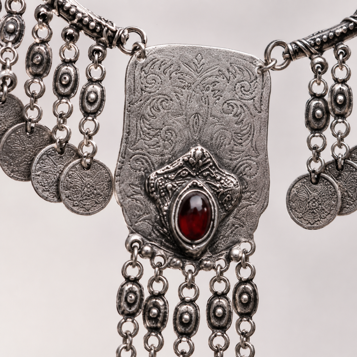 Close view of the necklace’s textured silver-tone details and red stone accent.