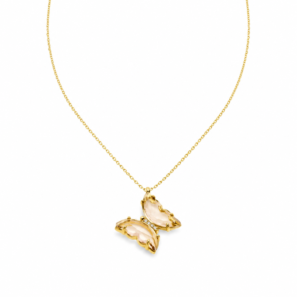 Gold plated butterfly necklace with crystal sparkle on a delicate chain.