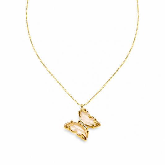 Gold plated butterfly necklace with crystal sparkle on a delicate chain.