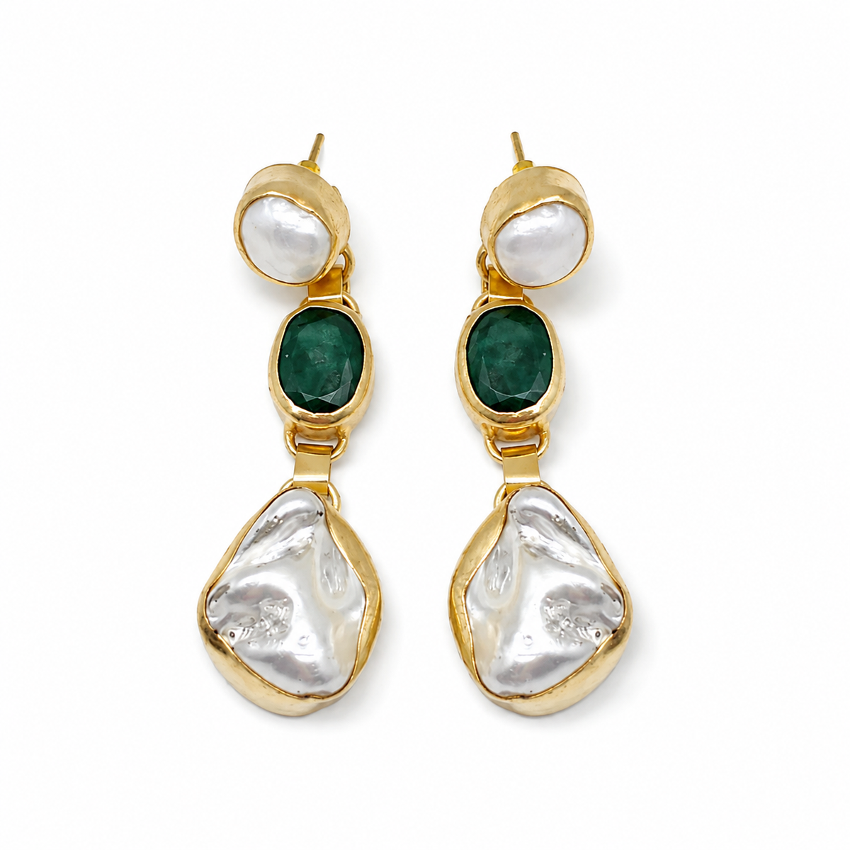 Gold-plated drop earrings with emerald green oval stones and baroque pearl-style drops.