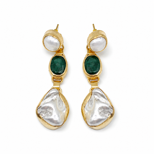 Gold-plated drop earrings with emerald green oval stones and baroque pearl-style drops.