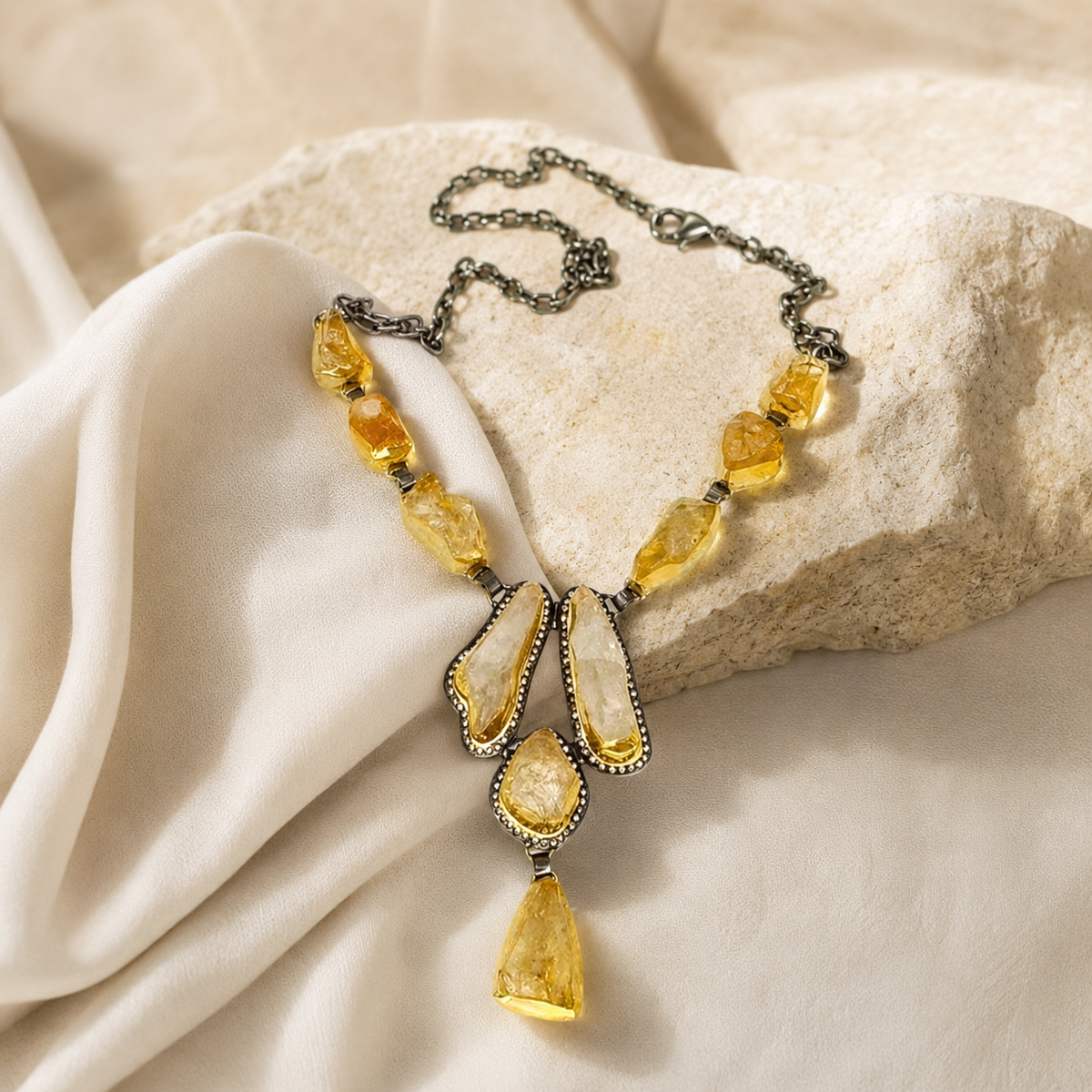 Citrine Y necklace with layered raw crystal stones and a pendant drop.