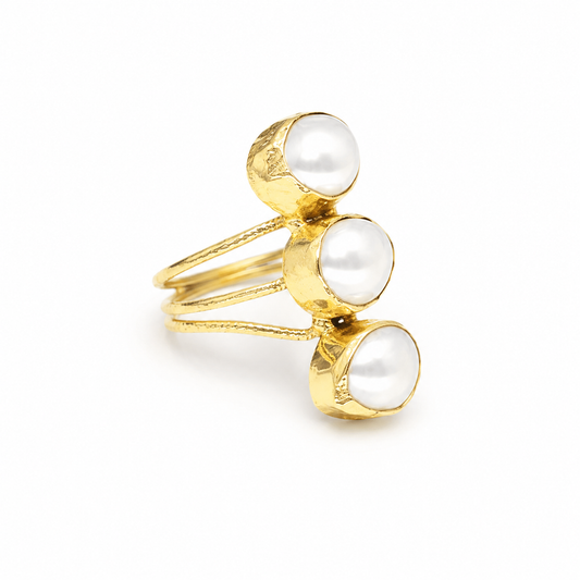 Triple pearl open wrap ring with a gold-plated finish.