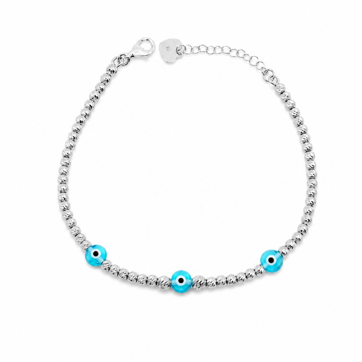 Silver bracelet with three blue evil eye accents and a beaded design.