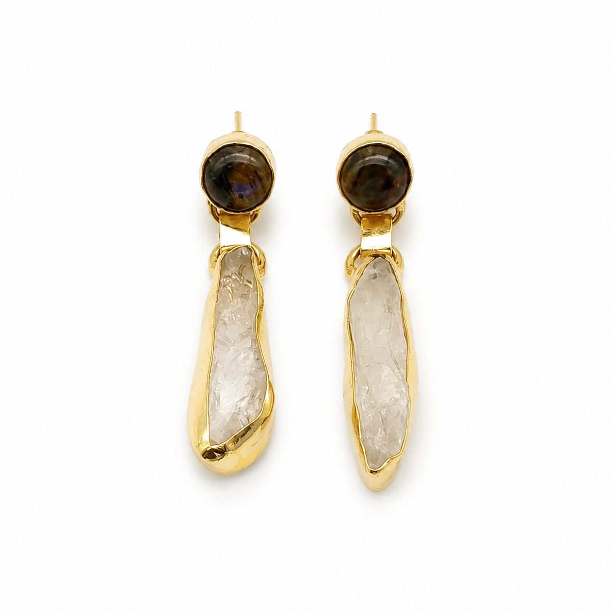 Gold plated drop earrings with smoky quartz and clear quartz stones.