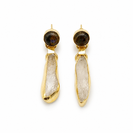 Gold plated drop earrings with smoky quartz and clear quartz stones.