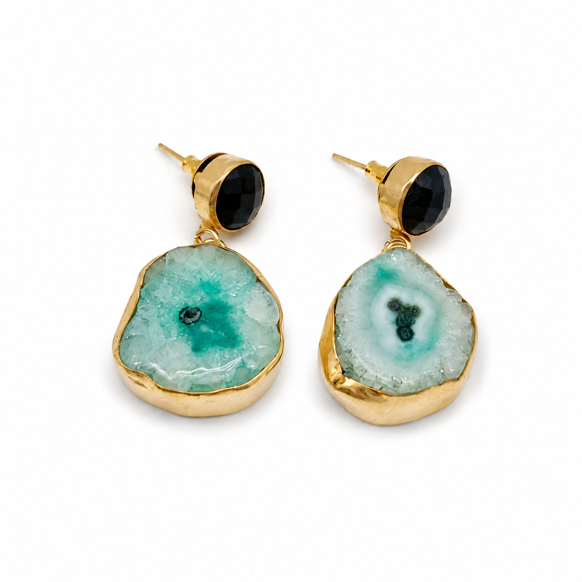 Gold-plated drop earrings with faceted black stone tops and mother of pearl drops.