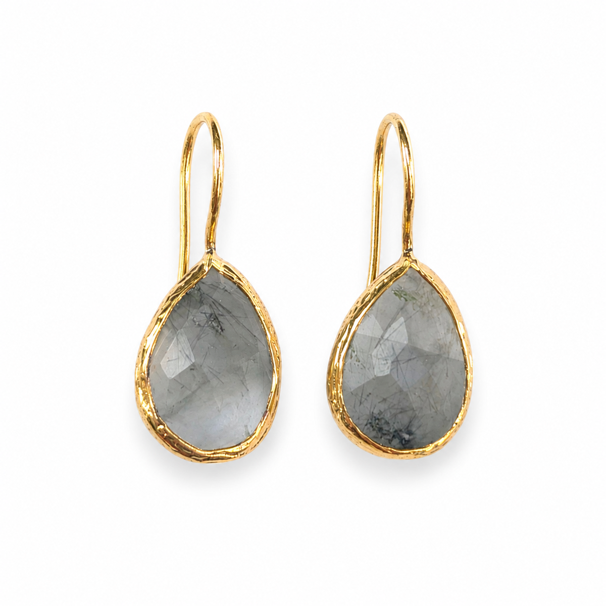 Pair of teardrop earrings with faceted rutilated quartz stones and gold-plated frames.