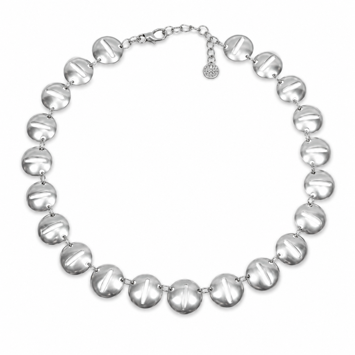 Silver-tone collar necklace with round disc links arranged in a smooth curved shape.