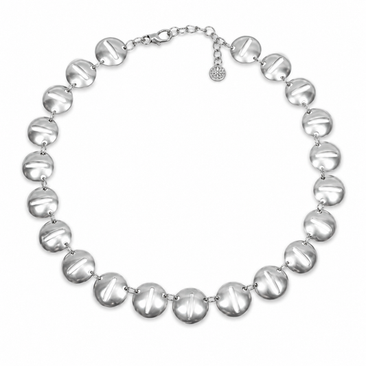 Silver-tone collar necklace with round disc links arranged in a smooth curved shape.