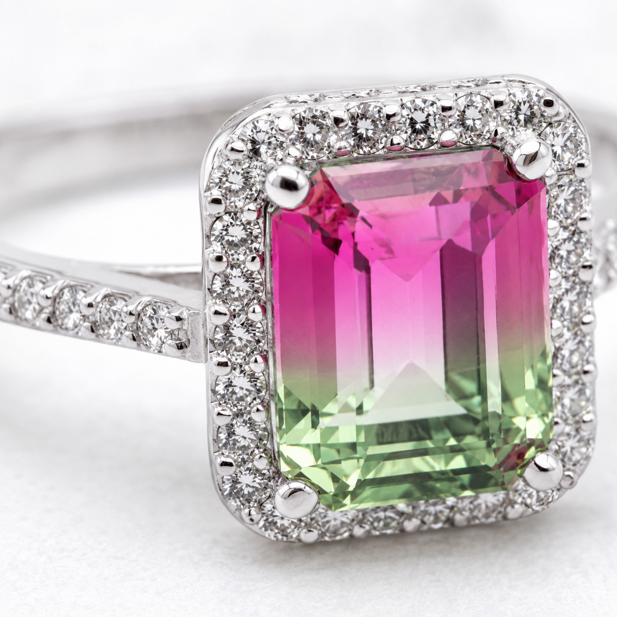 Close view of the faceted purple center stone and CZ details.