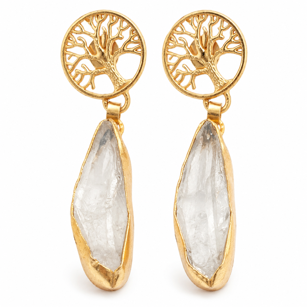 Gold-tone tree of life drop earrings with clear quartz-like stones.