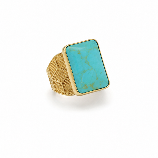Square turquoise statement ring with a gold-plated setting and textured band.