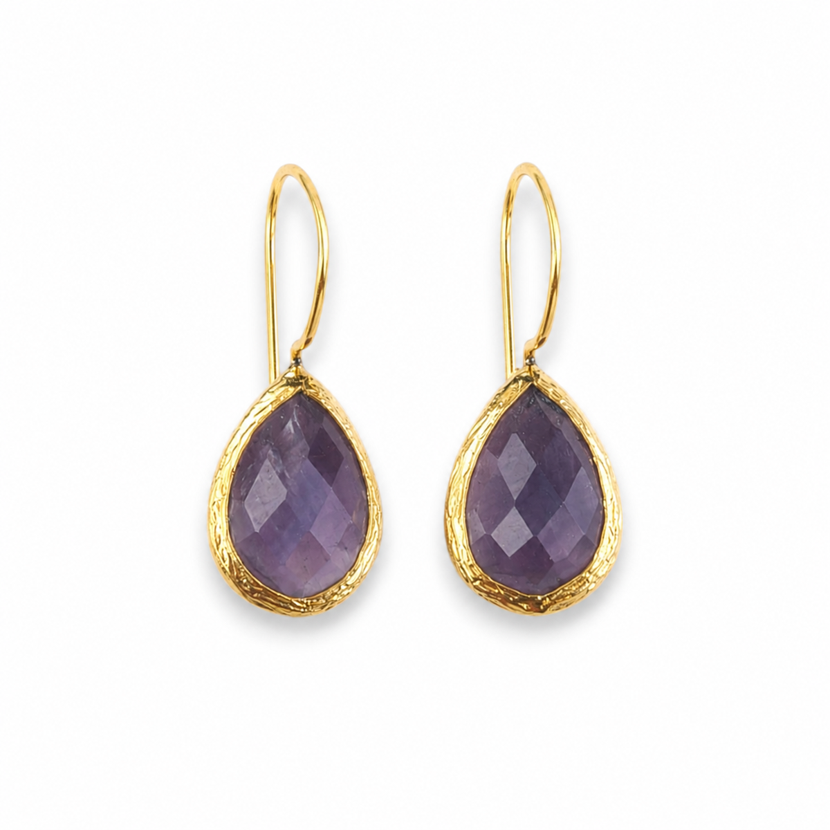 Pair of amethyst teardrop earrings with gold-plated hook settings.