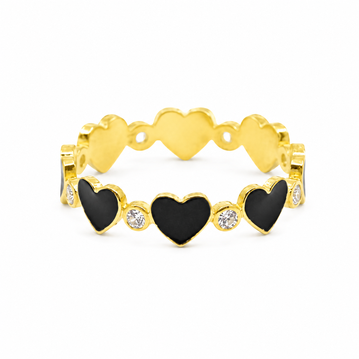Gold-tone ring with black heart shapes and clear CZ accents.