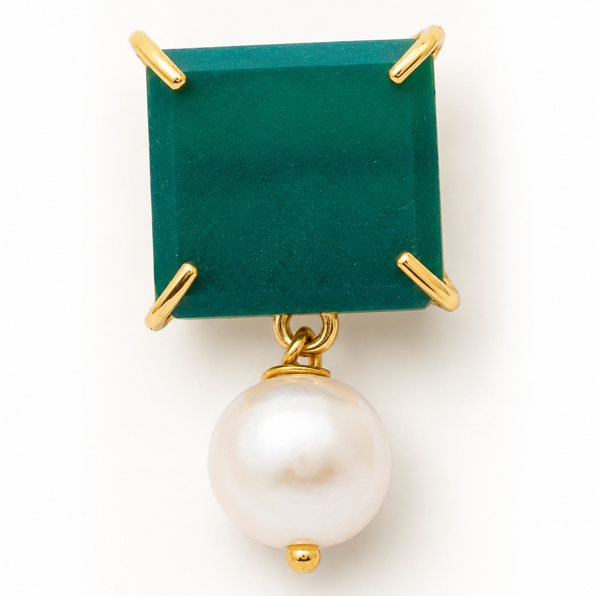Close view of green chalcedony earrings with pearl drops and gold-plated accents.