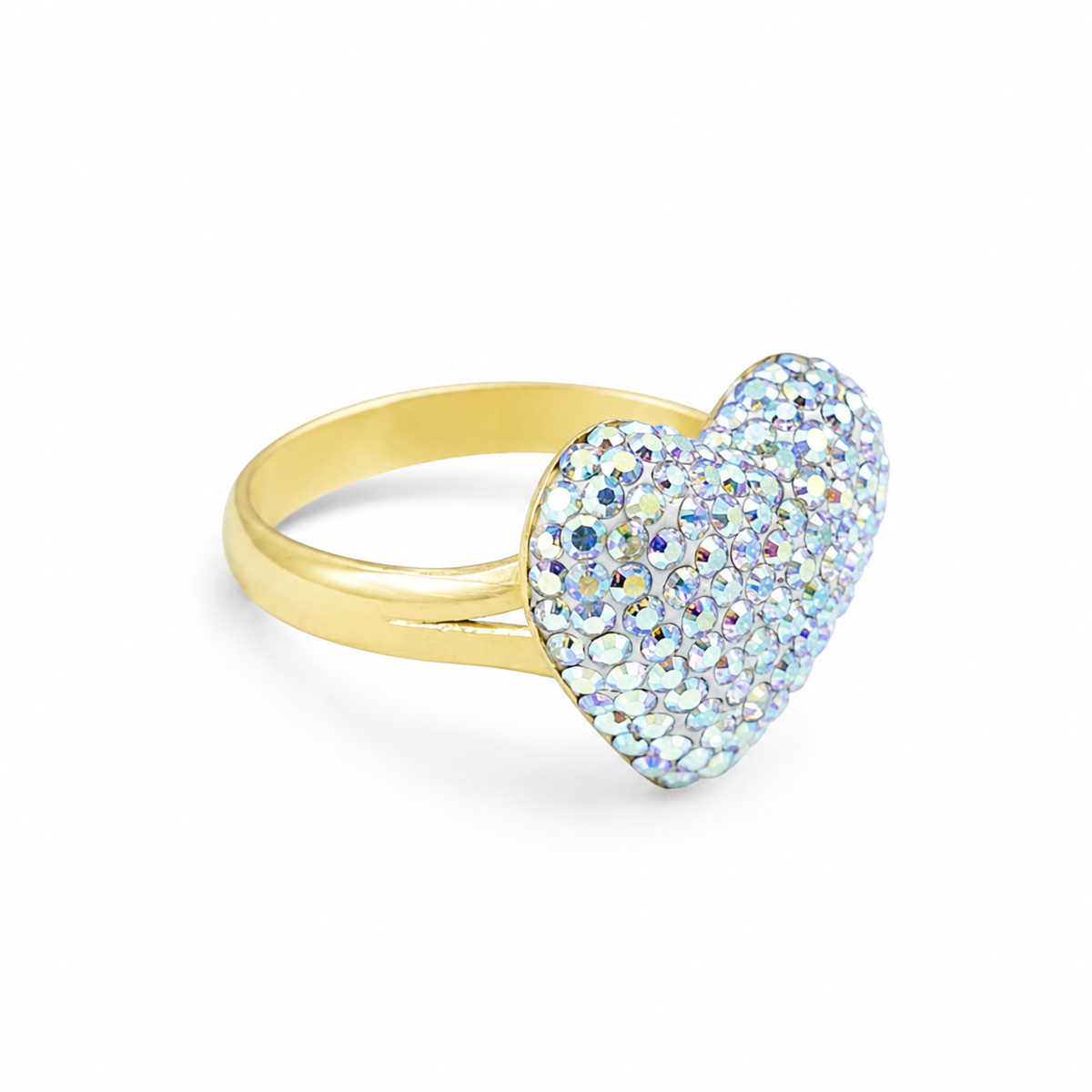 A gold-plated ring with a heart-shaped crystal surface and soft iridescent sparkle.