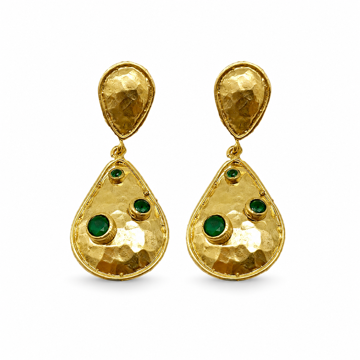 Hammered gold-plated double drop earrings with green stone accents.