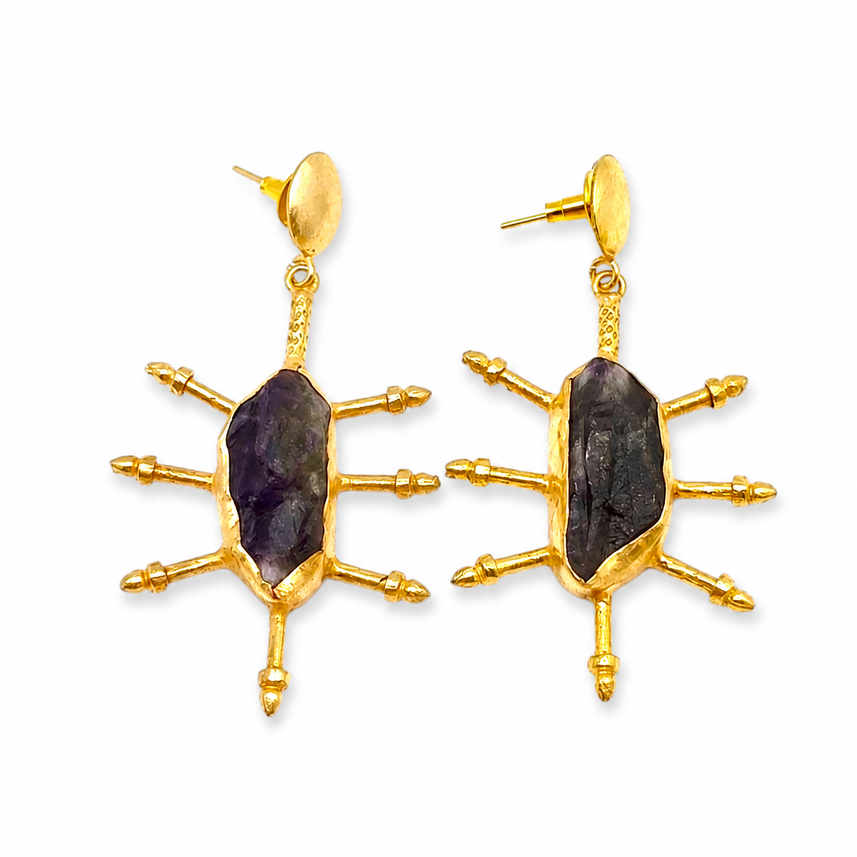 Raw amethyst statement drop earrings with a gold-plated spike silhouette.