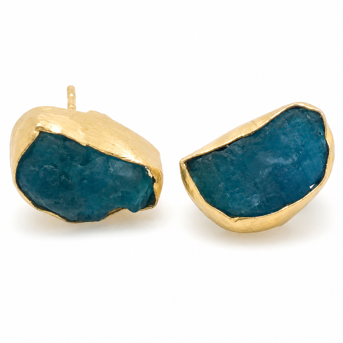 Rough apatite stud earrings with raw blue stones and gold-plated settings.