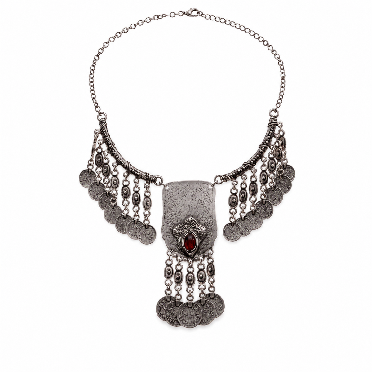 Silver-tone statement necklace with coin fringe and a red center stone.