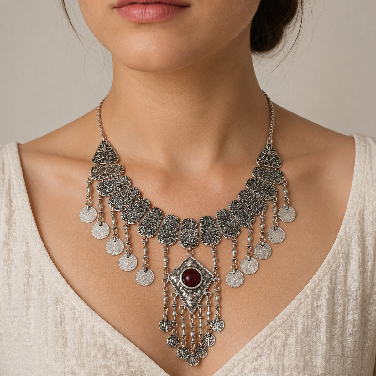 Silver-tone statement necklace with coin details and a tassel pendant.