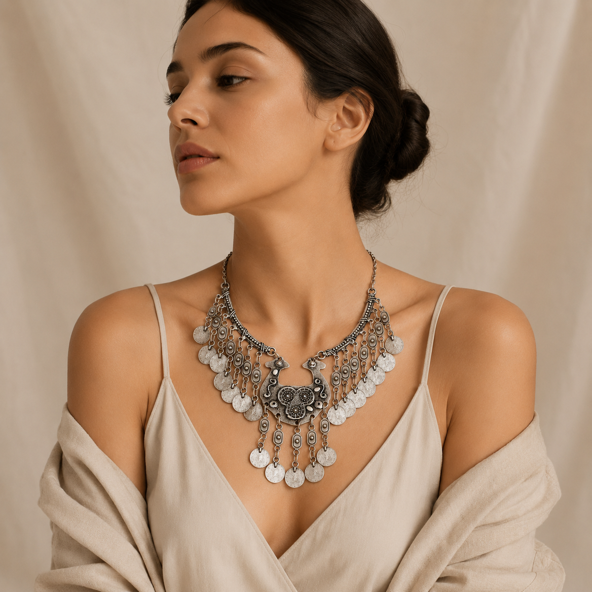 Ornate silver-tone necklace with a detailed central pendant and hanging discs.