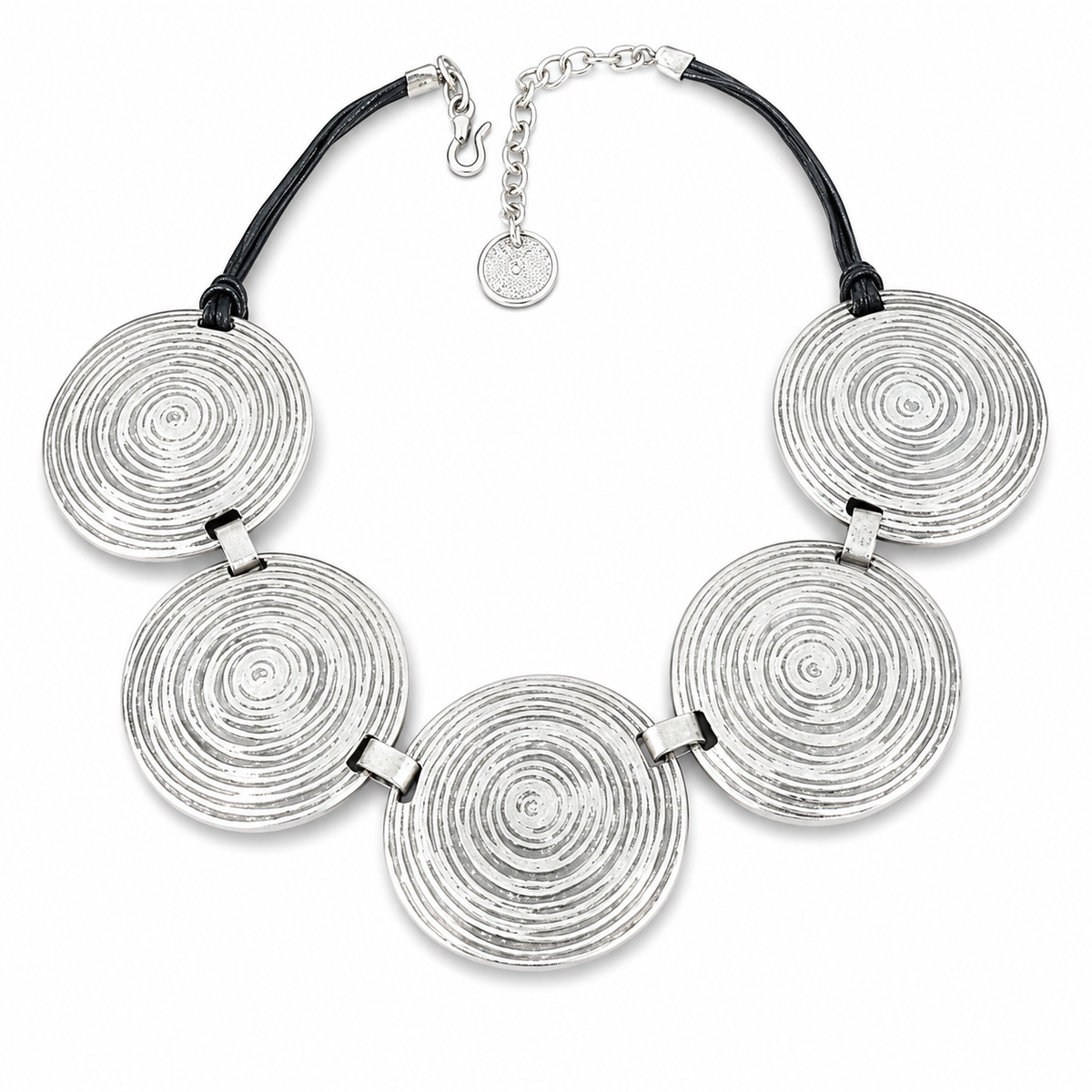 Silver necklace with five spiral disc pendants and a black cord-style chain.