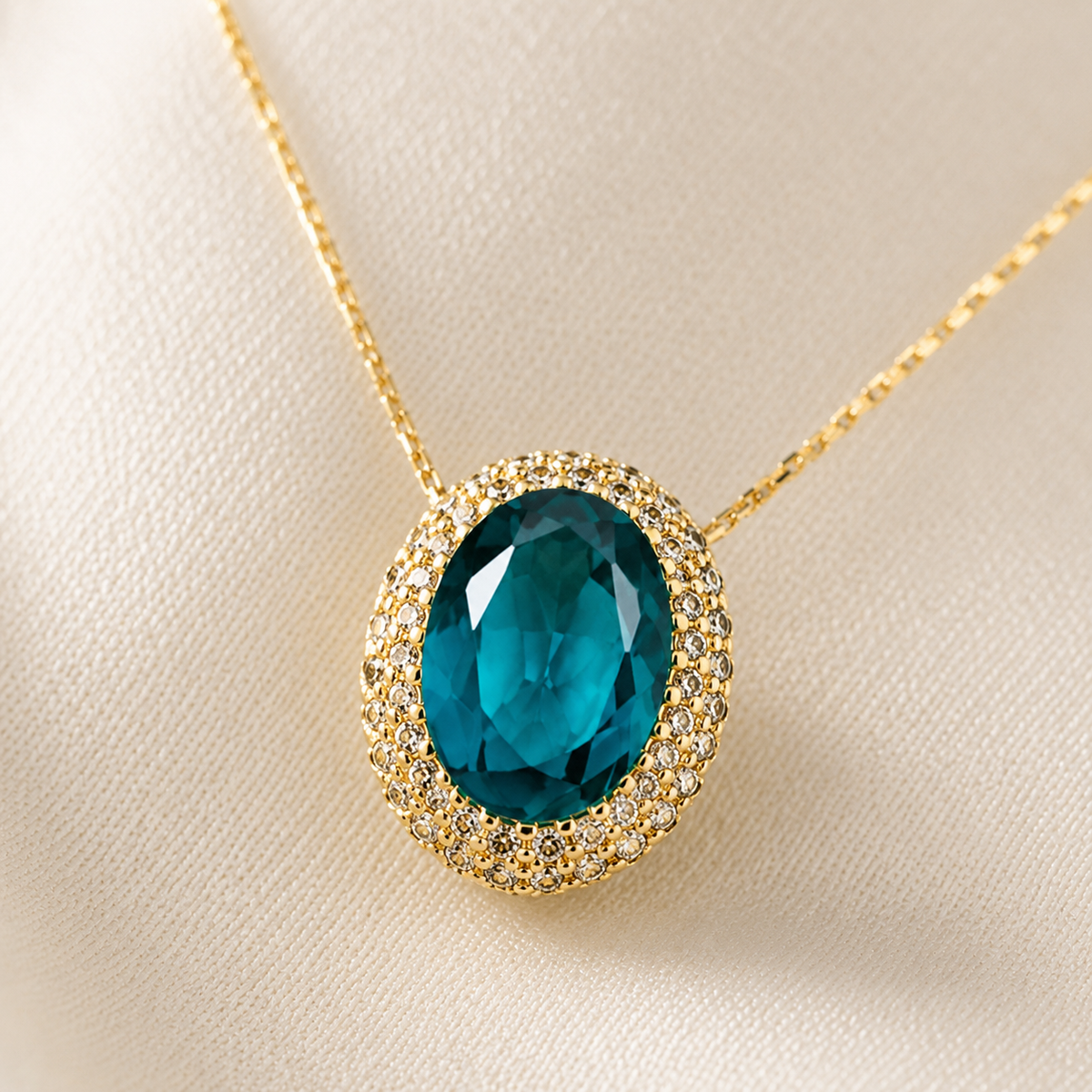 Close view of the green oval pendant framed in gold-tone detail.