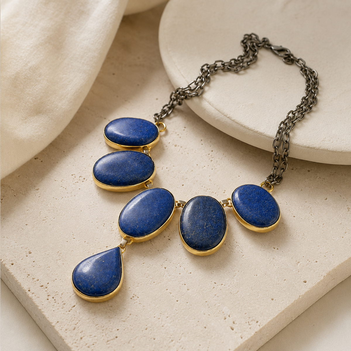 Angled view of a necklace with blue oval stones and a gold-tone teardrop pendant.