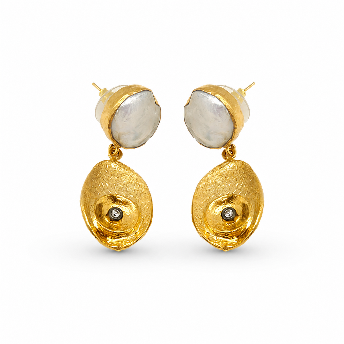 Pearl-like oval drop earrings with a hammered gold-plated finish.