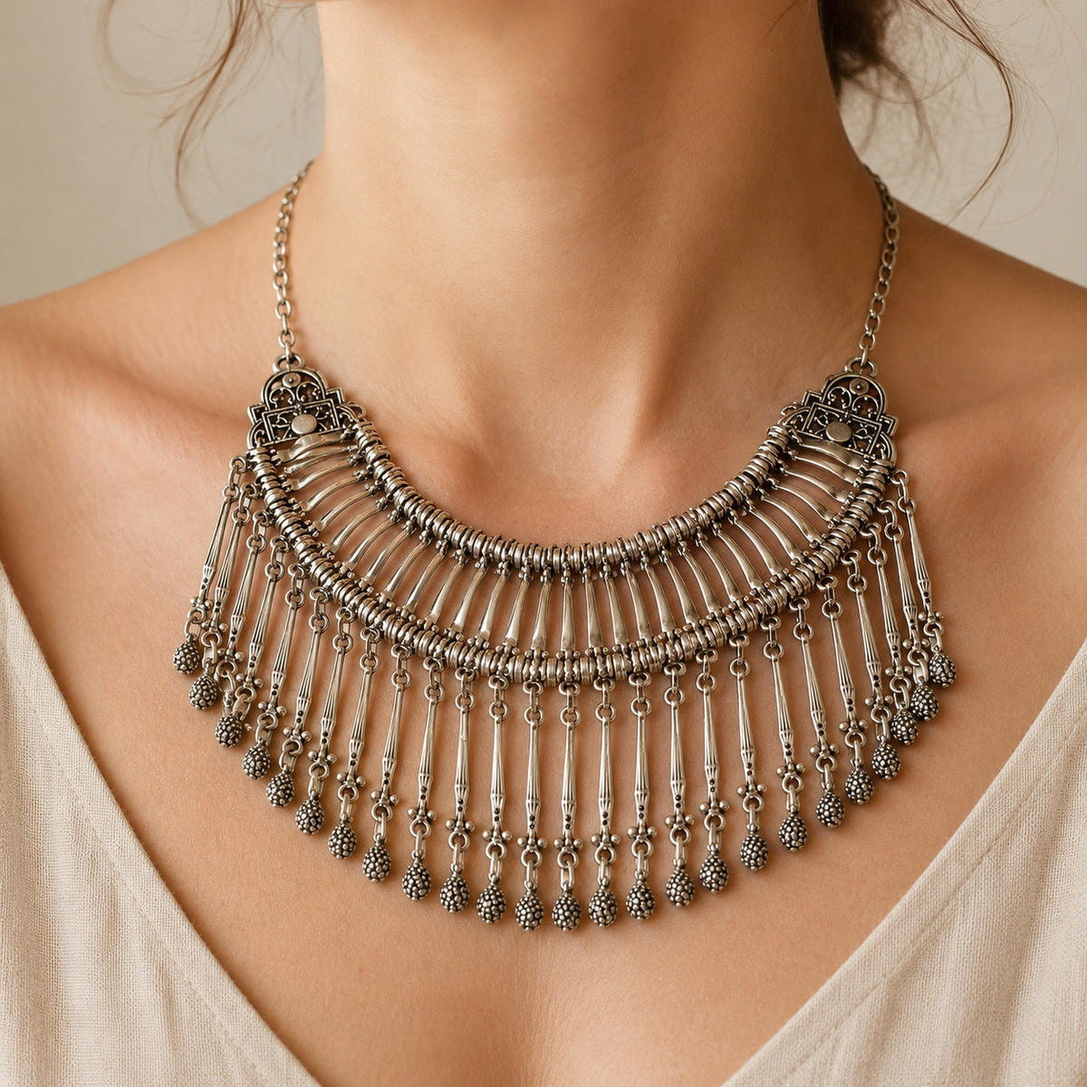 Silver-tone chain fringe necklace shown from the front on a white background.