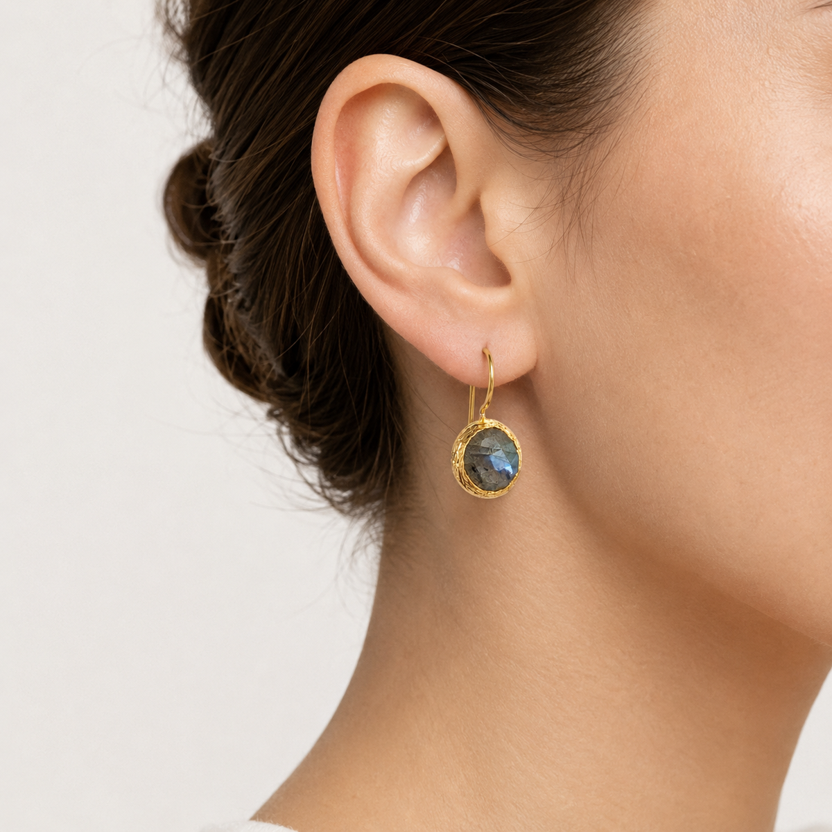 Gold-plated drop earrings with oval faceted labradorite stones.