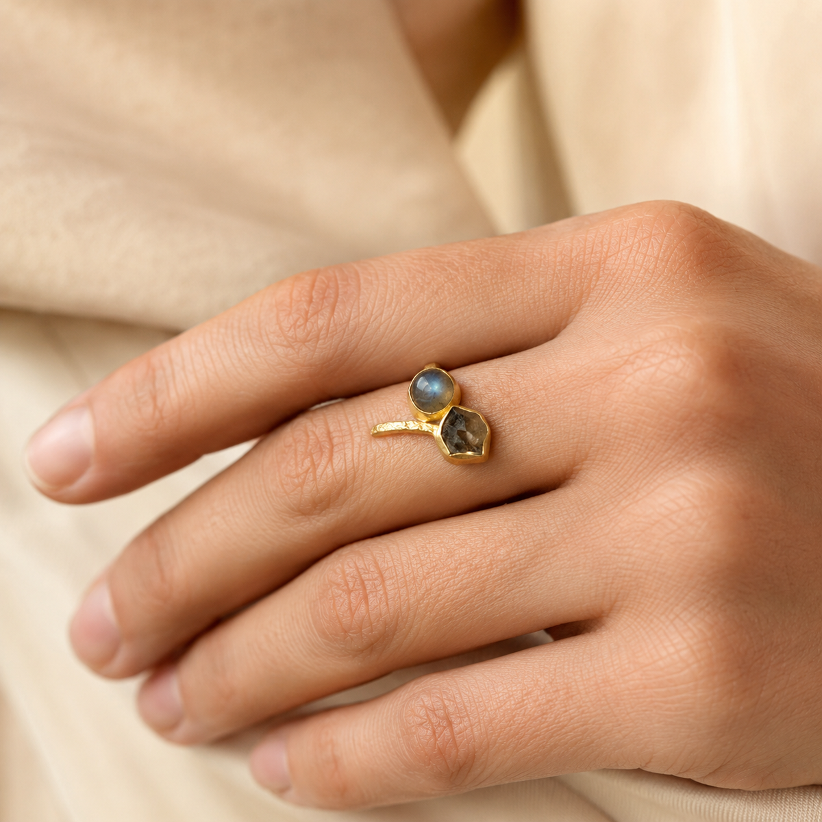 Gold-plated two-stone ring with a round labradorite and faceted smoky quartz.