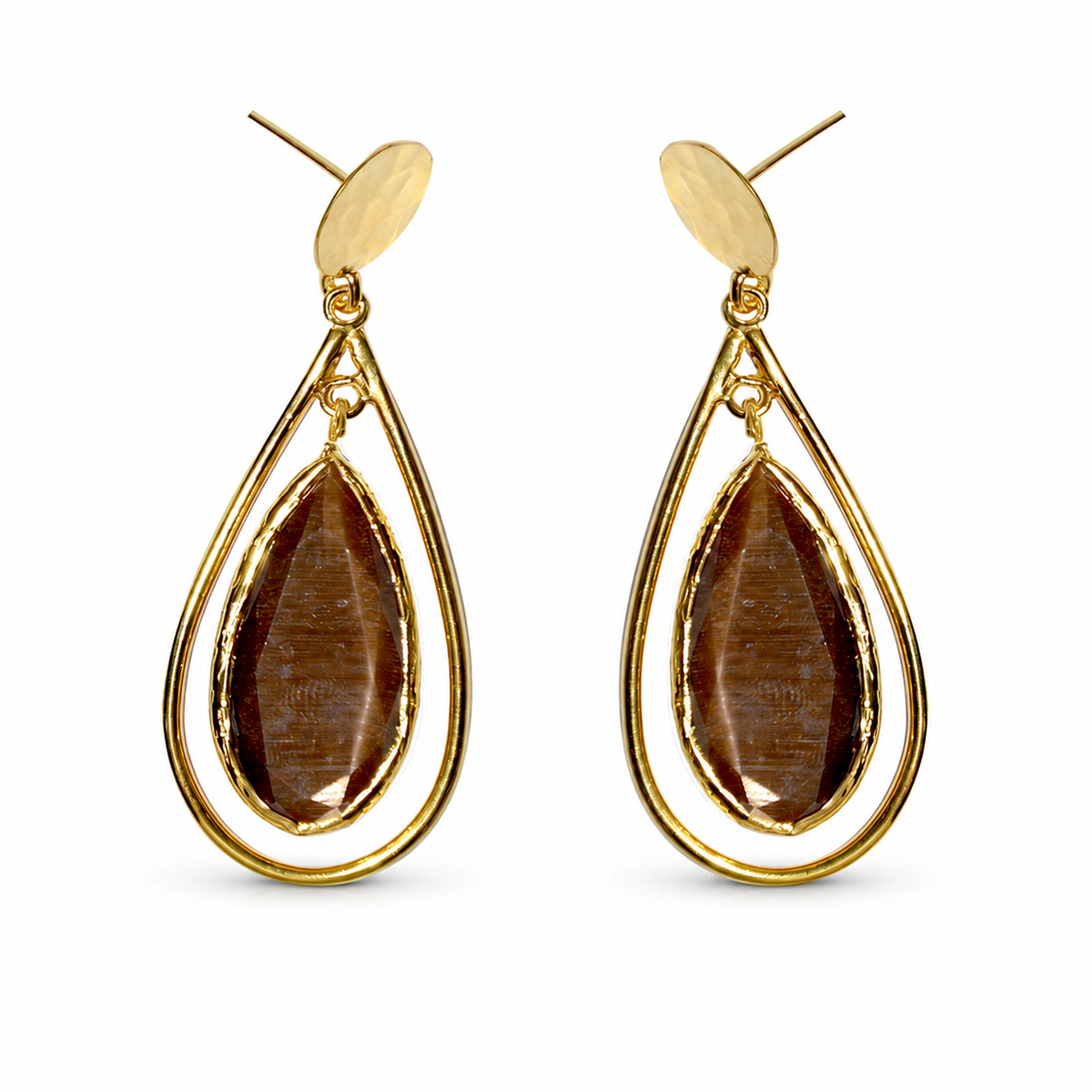 Brown teardrop drop earrings with a gold-plated cage silhouette.