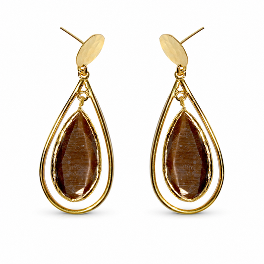 Brown teardrop drop earrings with a gold-plated cage silhouette.