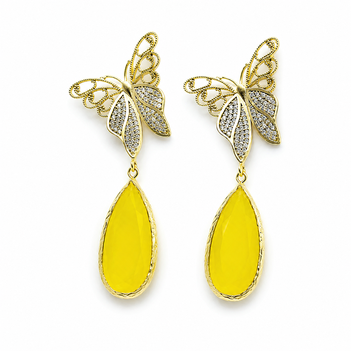 Gold butterfly drop earrings with sparkling CZ detail and a bright teardrop accent.