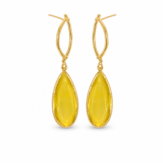 Gold plated drop earrings with mustard teardrop stones and an oval frame.