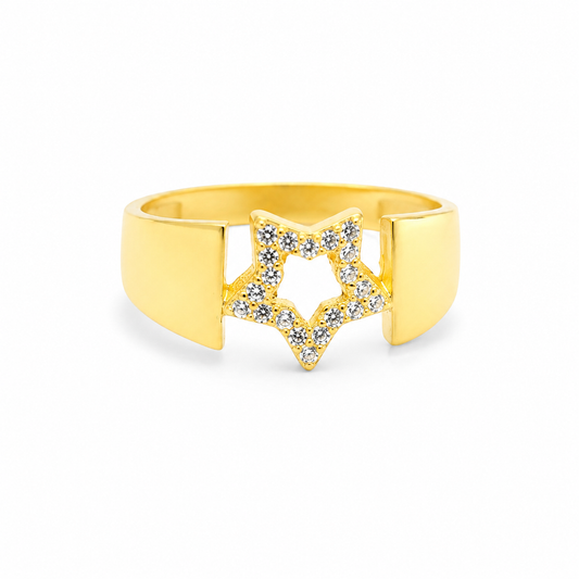 Gold-plated wide band ring with a CZ star center.
