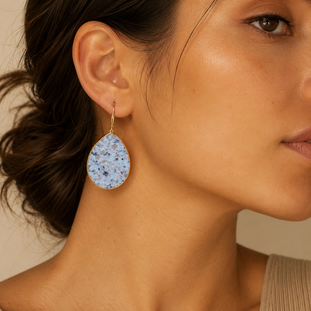 Teardrop amazonite drop earrings in a gold-plated finish.
