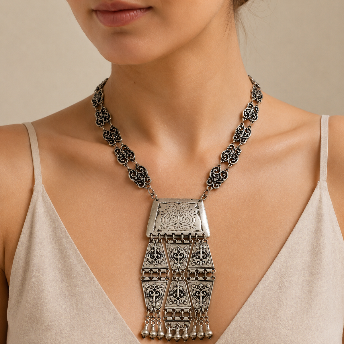 Silver-tone triangle coin tassel necklace shown on a white background.