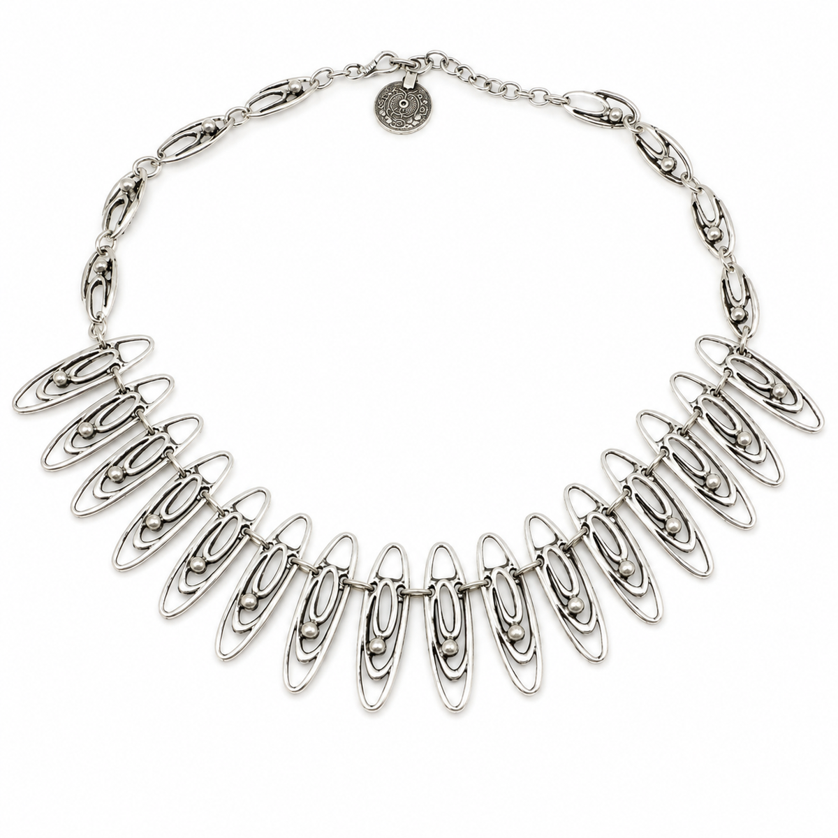 Oval link statement necklace with a sleek silver-tone finish.