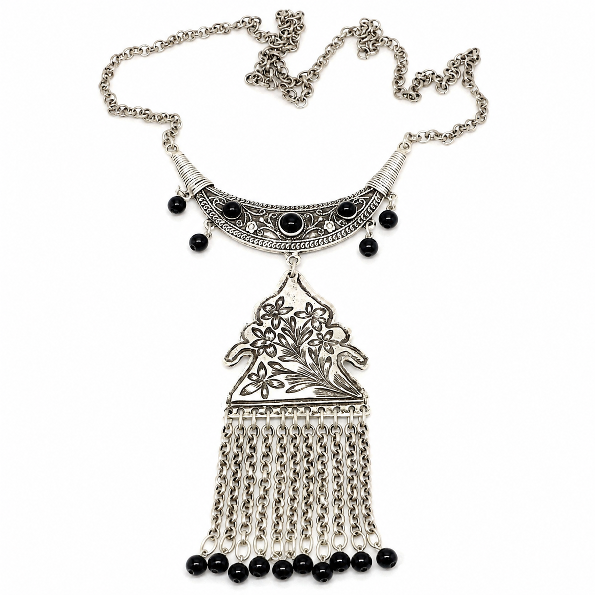 Black bead floral pendant necklace with silver-tone chain tassels.