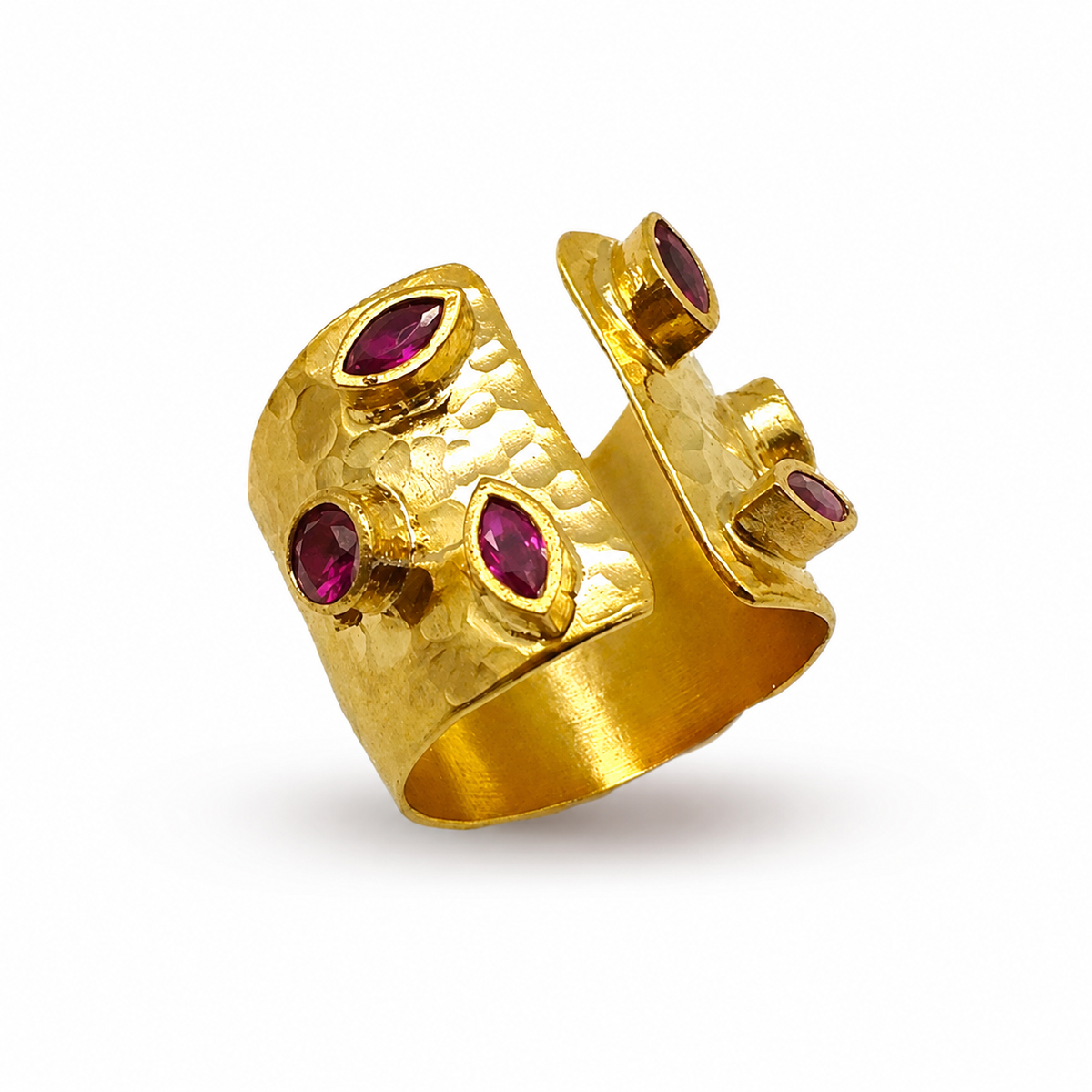 Gold-plated open cuff ring with cherry-toned CZ stones and a hammered finish.