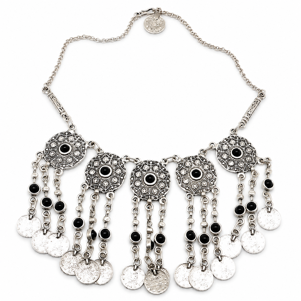 Silver-tone statement necklace with black stone accents and coin fringe details.