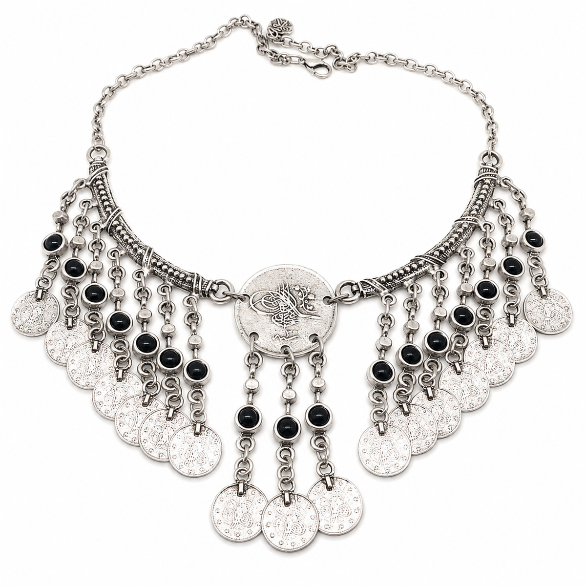 Antique silver necklace with black stone accents and coin fringe detailing.