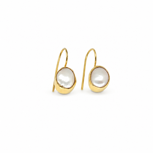 Gold-plated drop earrings with mother of pearl square accents on a white background.