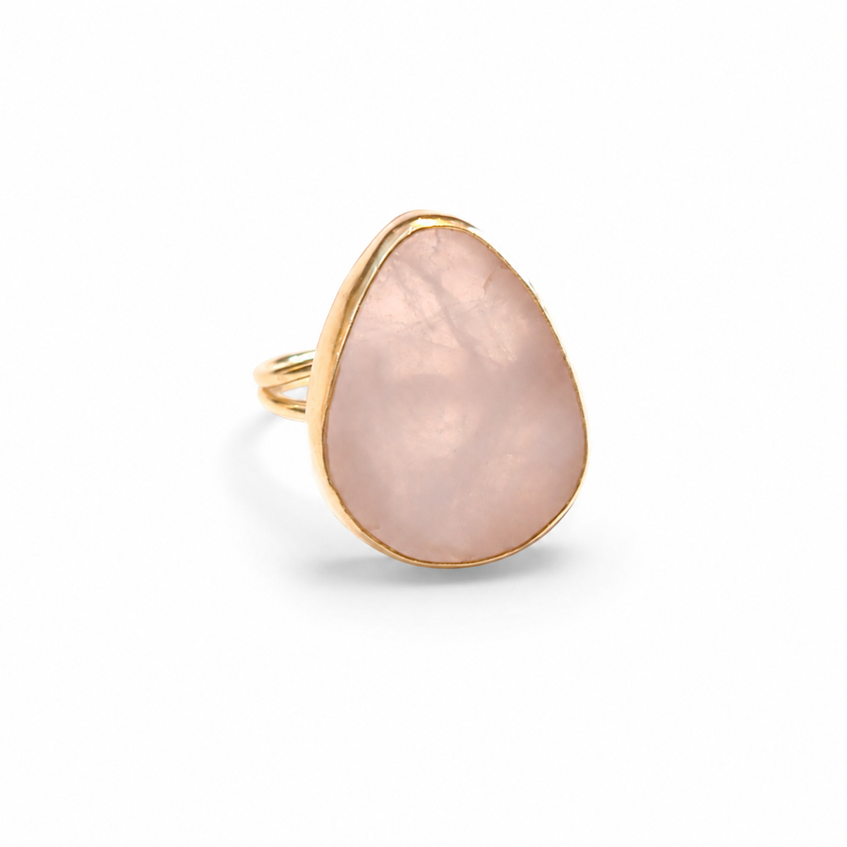 Gold plated statement ring with a rose quartz teardrop stone.