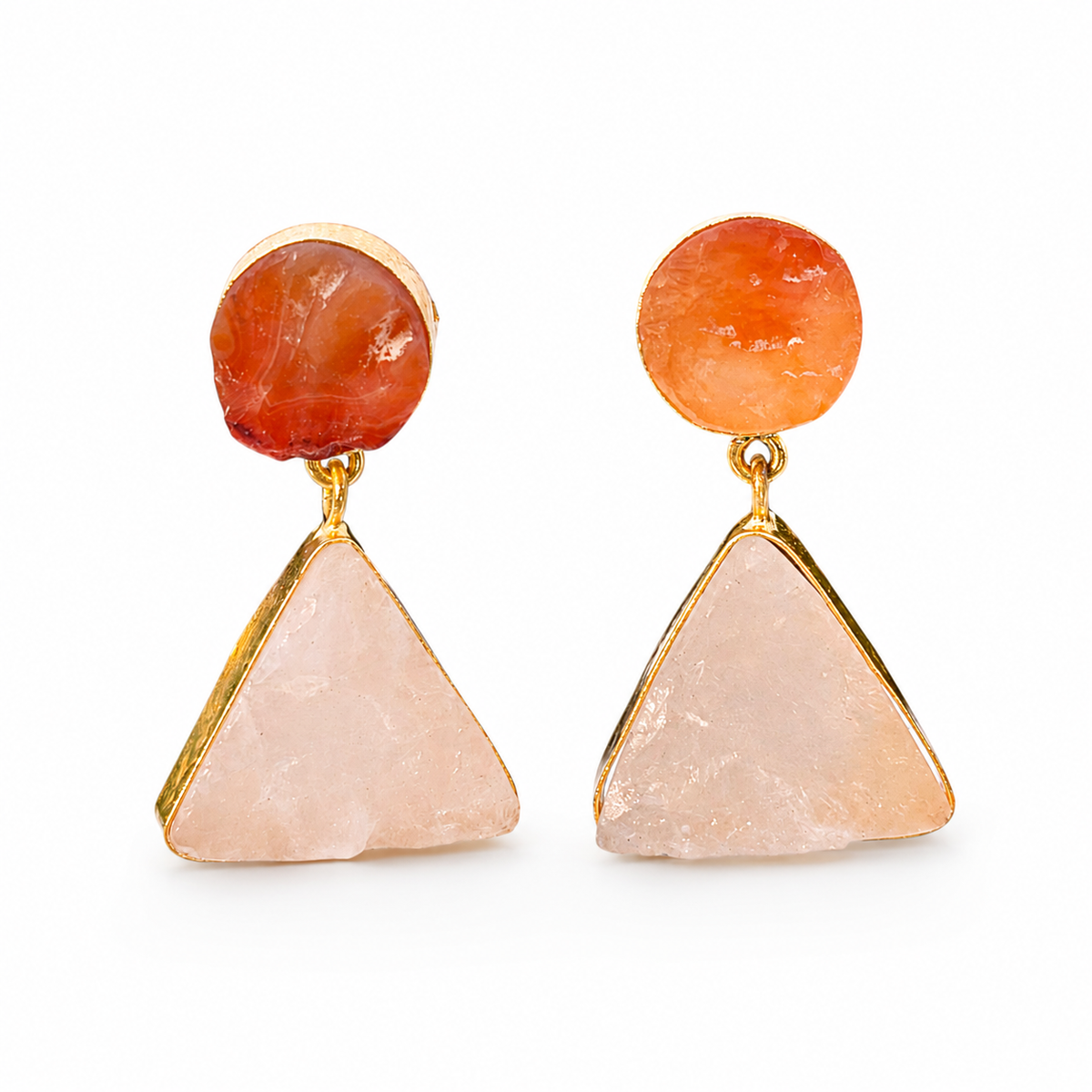 Gold-plated drop earrings with rough rose quartz and carnelian stones.